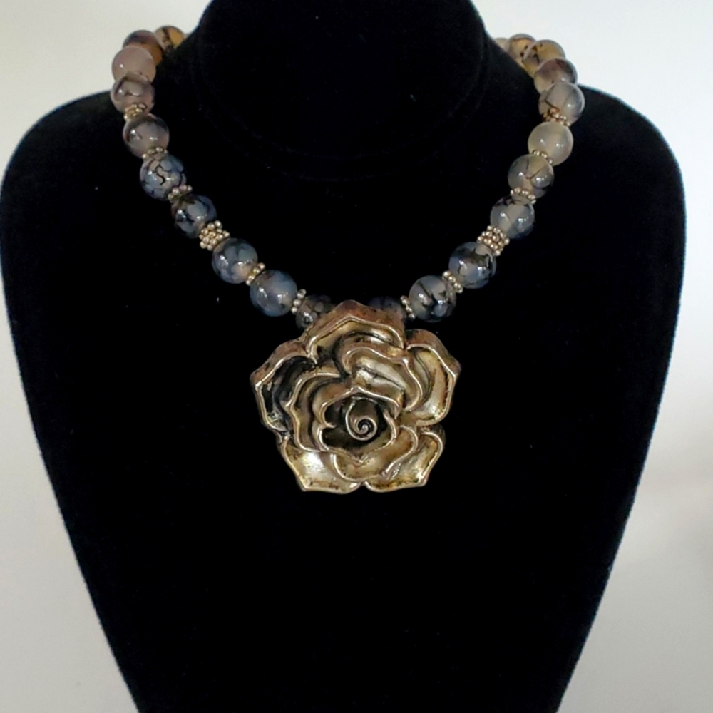 Handmade artisan Silver Rose pedal pendant and quartz bead necklace